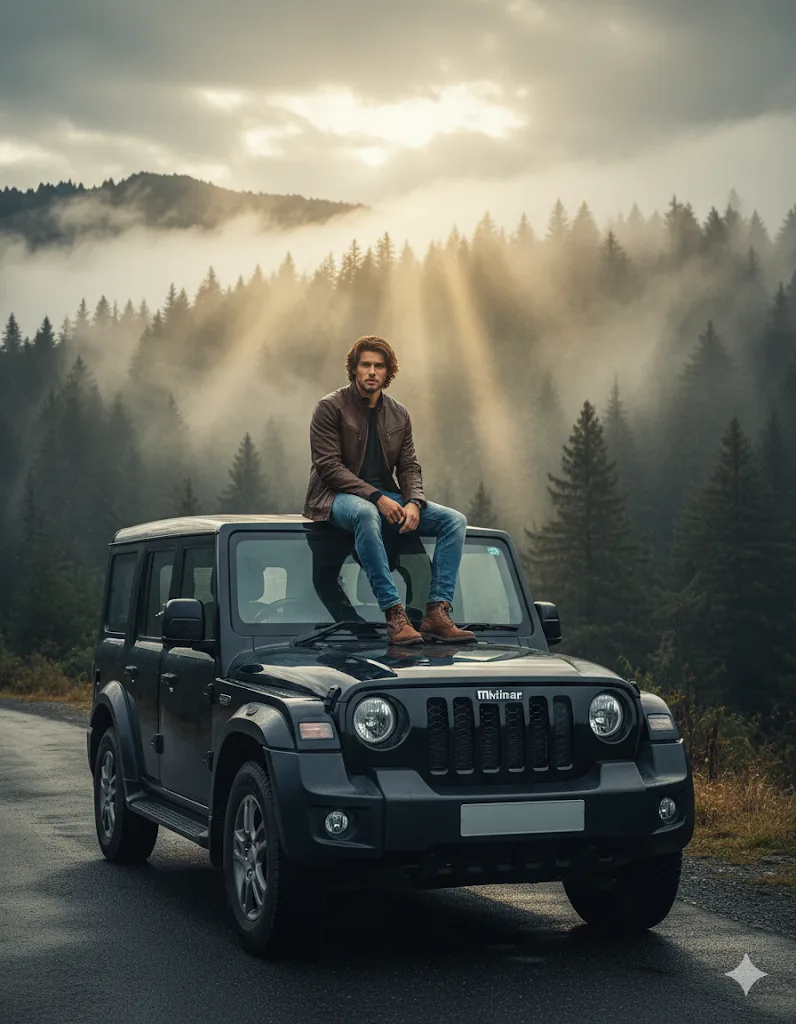 Cinematic Black Thar in Foggy Mountains google gemini prompt