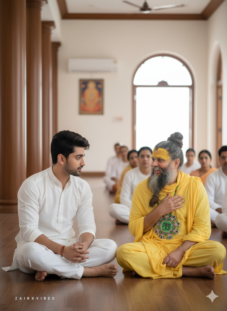 Create a realistic photo where [uploaded person] is sitting cross-legged on the floor beside Parema Nand Maharaj ji, both engaged in a spiritual conversation. Maharaj ji has a gentle smile, and background is a peaceful ashram hall. 9:16 full screen.