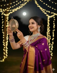 An Indian woman in a royal purple saree with heavy diamond jewelry, glamorous makeup, and bun hairstyle. She is standing under fairy lights, holding the sieve towards the moon, smiling. Cinematic 8K, portrait, vertical 9:16.