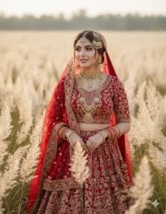 Generate an 8K UHD hyper-realistic portrait (9:16). The uploaded person stands in a Kashful field wearing a rich red bridal lehenga with heavy embroidery, dupatta draped over head, and bridal jewelry. Kashful flowers in the background add a magical wedding photo-shoot feel with natural sunlight.