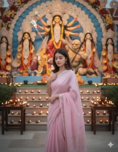 Stage with Diyas durga puja saree gemini prompt
