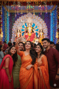 A vibrant 8K vertical cinematic image of a young woman in an orange saree taking a group selfie with friends inside a Navratri pandal. Behind them, Durga idol and colorful decorative lights are glowing. Faces are clear, joyful expressions, festive mood