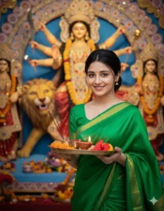 Puja Thali Pose durga puja saree google gemini  prompt