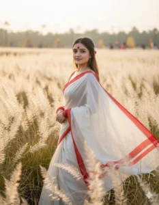 Create a UHD portrait (9:16) in 8K. The uploaded person stands in a Kashful field wearing a white saree with a bold red border, red bangles, and big red bindi, symbolizing traditional Durga Puja look. Saree pallu flowing with wind, Kashful grass glowing in sunlight, dreamy festive atmosphere.