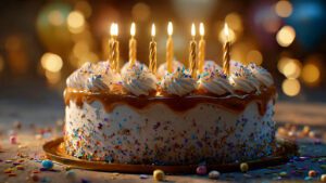 A luxurious happy birthday cake with golden candles, colorful sprinkles, soft glowing lights, realistic texture, cinematic lighting, ultra-detailed, 4K resolution, professional food photography