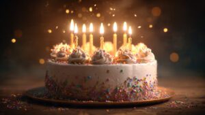 A luxurious happy birthday cake with golden candles, colorful sprinkles, soft glowing lights, realistic texture, cinematic lighting, ultra-detailed, 4K resolution, professional food photography