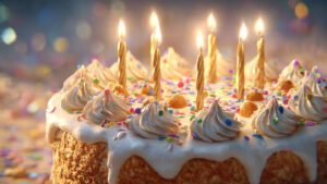 A luxurious happy birthday cake with golden candles, colorful sprinkles, soft glowing lights, realistic texture, cinematic lighting, ultra-detailed, 4K resolution, professional food photography