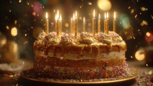 A luxurious happy birthday cake with golden candles, colorful sprinkles, soft glowing lights, realistic texture, cinematic lighting, ultra-detailed, 4K resolution, professional food photography