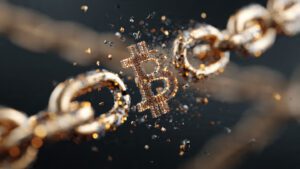 Bitcoin breaking through digital chains symbolizing decentralized finance 4K illustration