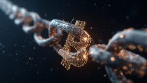 bitcoin breaking through digital chains symbolizin
