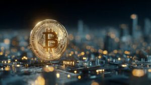 Bitcoin coin glowing in digital network with futuristic cyber city background ultra detailed