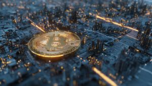 bitcoin coin glowing in digital network with futur 2