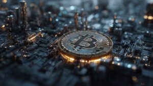 bitcoin coin glowing in digital network with futur 3