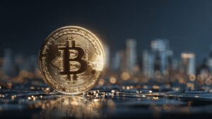 bitcoin coin glowing in digital network with futur