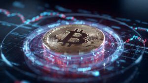 Bitcoin surrounded by holographic financial charts and graphs futuristic technology style