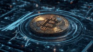 bitcoin surrounded by holographic financial charts 2