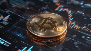 bitcoin surrounded by holographic financial charts 3