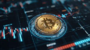 Bitcoin surrounded by holographic financial charts and graphs futuristic technology style