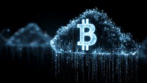 Bitcoin symbol floating in digital cloud with binary code rain futuristic cyber style