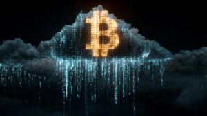 bitcoin symbol floating in digital cloud with bina 3