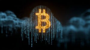 Bitcoin symbol floating in digital cloud with binary code rain futuristic cyber style