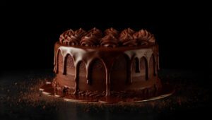 Chocolate happy birthday cake dripping with chocolate ganache, glossy finish, dark aesthetic background, dramatic lighting, hyper-realistic, 4K ultra quality