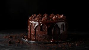 Chocolate happy birthday cake dripping with chocolate ganache, glossy finish, dark aesthetic background, dramatic lighting, hyper-realistic, 4K ultra quality