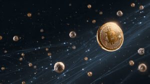 Cryptocurrency concept illustration with golden Bitcoin and blockchain nodes floating in space