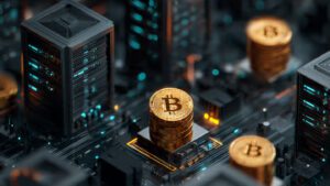 Cryptocurrency mining concept with Bitcoin coins and computer servers high detail illustration