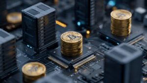 Cryptocurrency mining concept with Bitcoin coins and computer servers high detail illustration