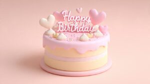Cute pink happy birthday cake with heart decorations, pastel background, smooth cream layers, adorable style, soft shadows, ultra HD, 4K quality