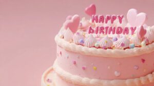 Cute pink happy birthday cake with heart decorations, pastel background, smooth cream layers, adorable style, soft shadows, ultra HD, 4K quality