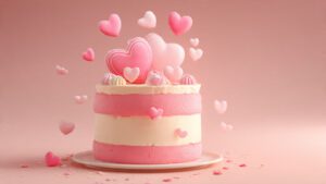 Cute pink happy birthday cake with heart decorations, pastel background, smooth cream layers, adorable style, soft shadows, ultra HD, 4K quality