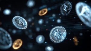 Digital finance concept with Bitcoin, Ethereum, and other coins floating in cyberspace