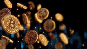 Digital finance concept with Bitcoin, Ethereum, and other coins floating in cyberspace