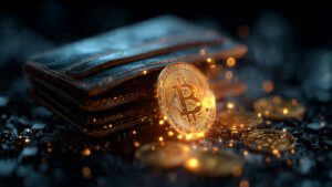 Digital wallet with Bitcoin and other cryptocurrencies glowing on abstract tech background