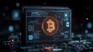 Digital wallet with Bitcoin and other cryptocurrencies glowing on abstract tech background