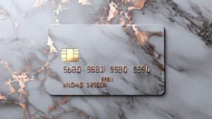 Elegant credit card background with marble texture, soft shadows, classy financial design