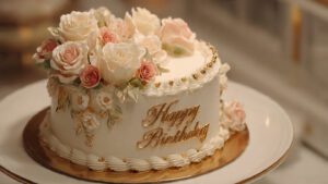 Elegant white happy birthday cake with floral design, roses made of cream, royal theme, luxury bakery style, sharp focus, ultra-realistic 4K image