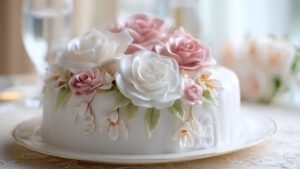 Elegant white happy birthday cake with floral design, roses made of cream, royal theme, luxury bakery style, sharp focus, ultra-realistic 4K image