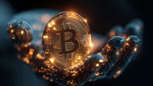 futuristic hand holding glowing bitcoin with neon