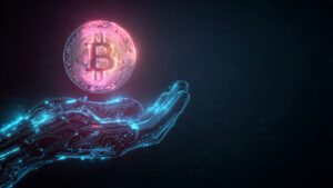 Futuristic hand holding glowing Bitcoin with neon circuit patterns in background