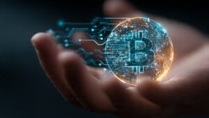 futuristic hand holding glowing bitcoin with neon 2