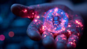 Futuristic hand holding glowing Bitcoin with neon circuit patterns in background