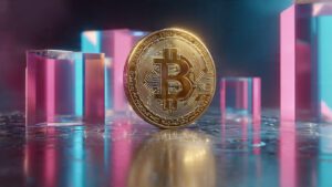 golden bitcoin on abstract geometric shapes with n