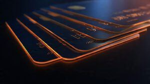 Premium credit card background with dark gradient, glowing edges, modern fintech style, ultra HD