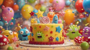 Kids themed happy birthday cake with cartoon decorations, balloons and stars, bright colors, fun mood, ultra sharp, 4K HD quality