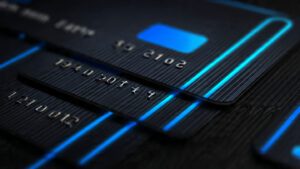 Minimal credit card background with blue neon lines, clean design, professional banking look