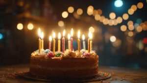 night party happy birthday cake with glowing candl