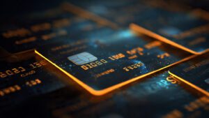 Premium credit card background with dark gradient, glowing edges, modern fintech style, ultra HD